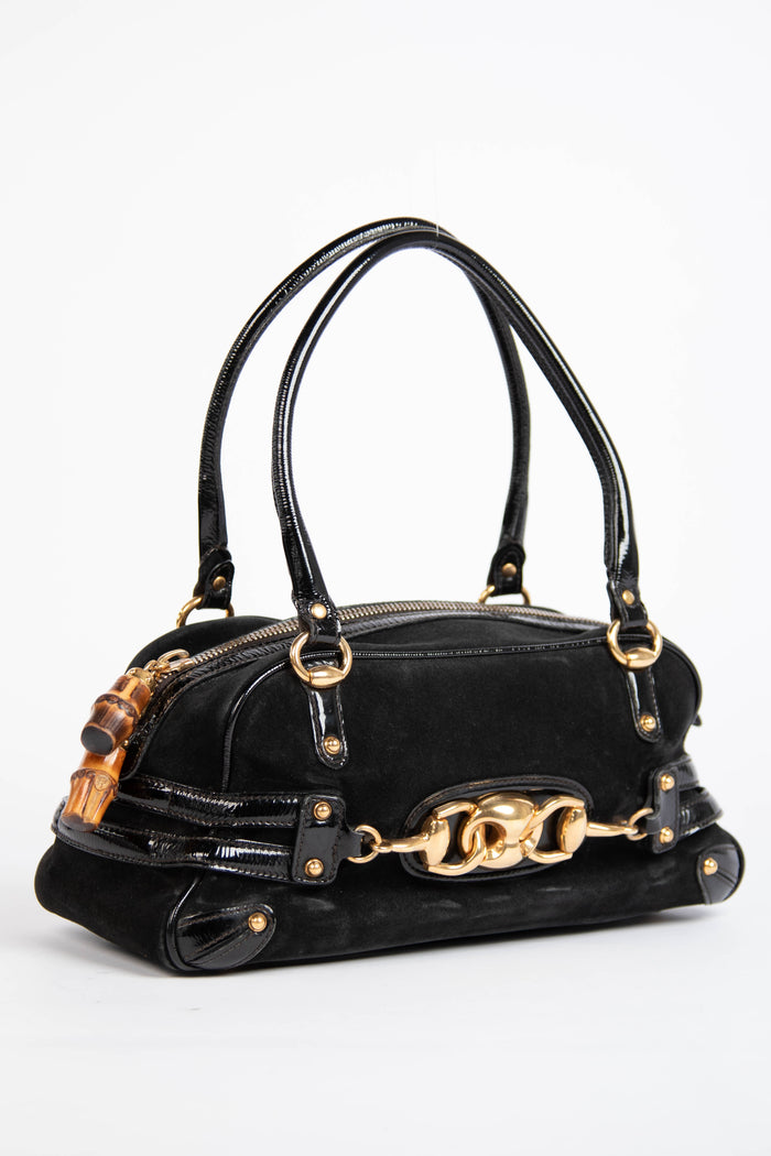 2000s Gucci Black Suede Wave Boston Bag