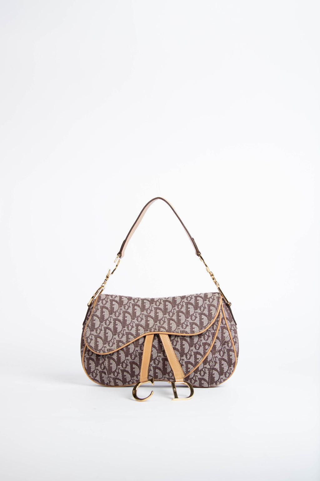 Vintage Christian Dior Brown Monogram Double Saddle Shoulder Bag
