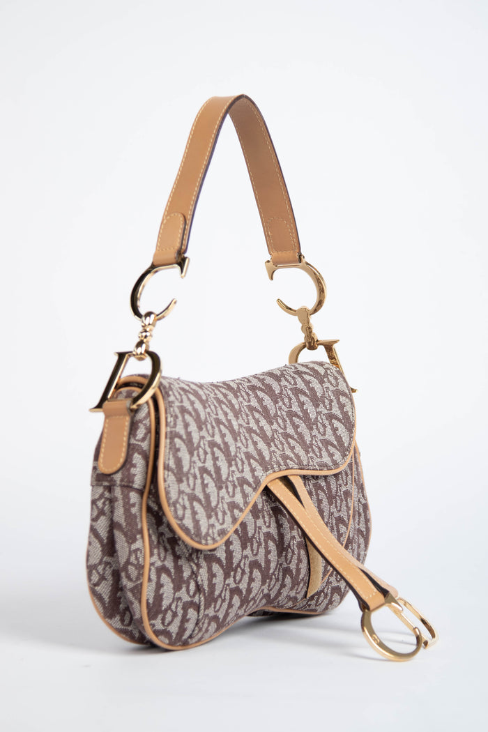 Vintage Christian Dior Brown Monogram Double Saddle Shoulder Bag