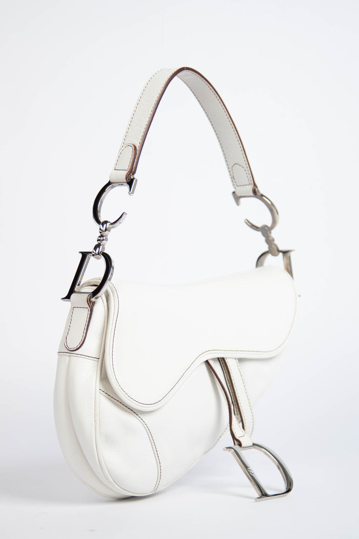 RARE Christian Dior White Leather Saddle Shoulder Bag