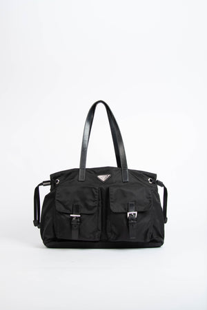 Prada Black Nylon Double Pocket Tote Bag