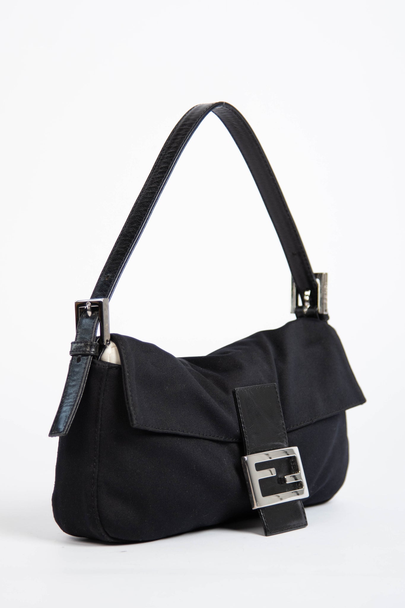 Vintage Fendi Black Neoprene Baguette Shoulder Bag