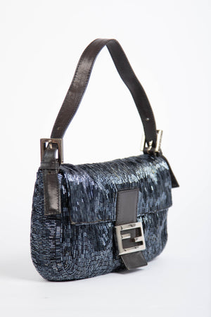 RARE Vintage Fendi Petrol Blue Beaded Baguette Shoulder Bag
