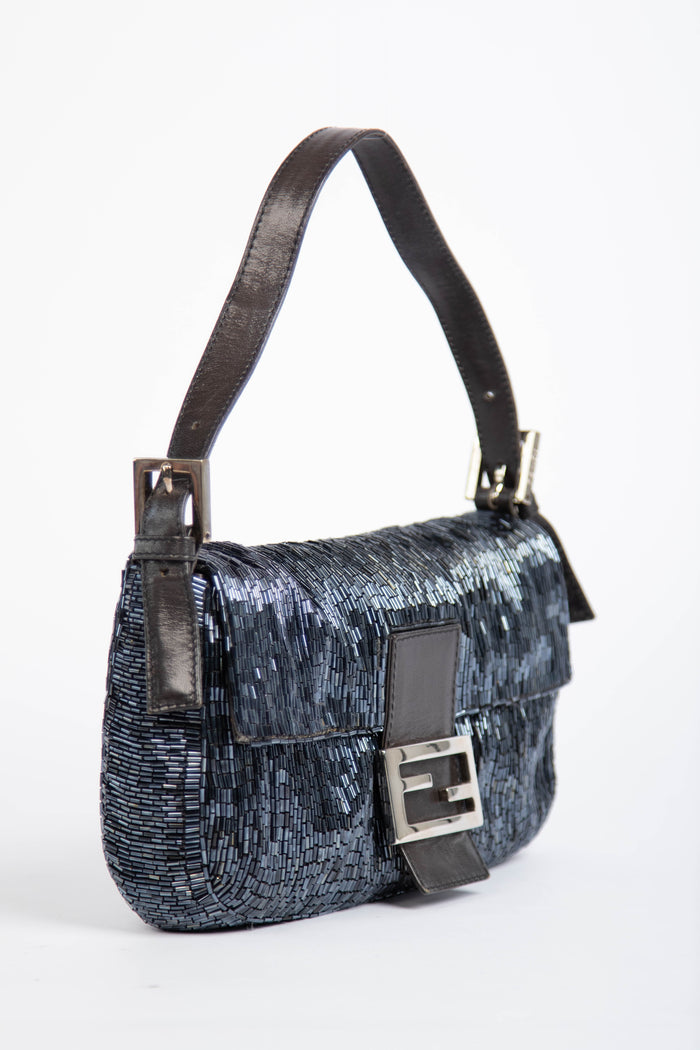 RARE Vintage Fendi Petrol Blue Beaded Baguette Shoulder Bag