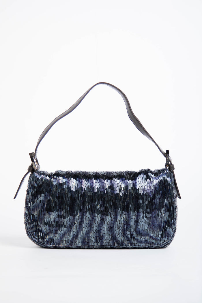 RARE Vintage Fendi Petrol Blue Beaded Baguette Shoulder Bag