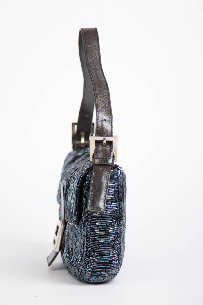 RARE Vintage Fendi Petrol Blue Beaded Baguette Shoulder Bag