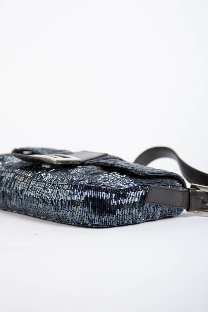 RARE Vintage Fendi Petrol Blue Beaded Baguette Shoulder Bag