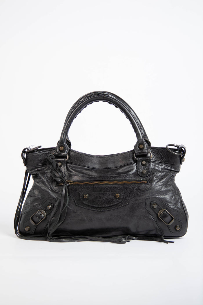 2000s Balenciaga Black Leather First City Shoulder Bag