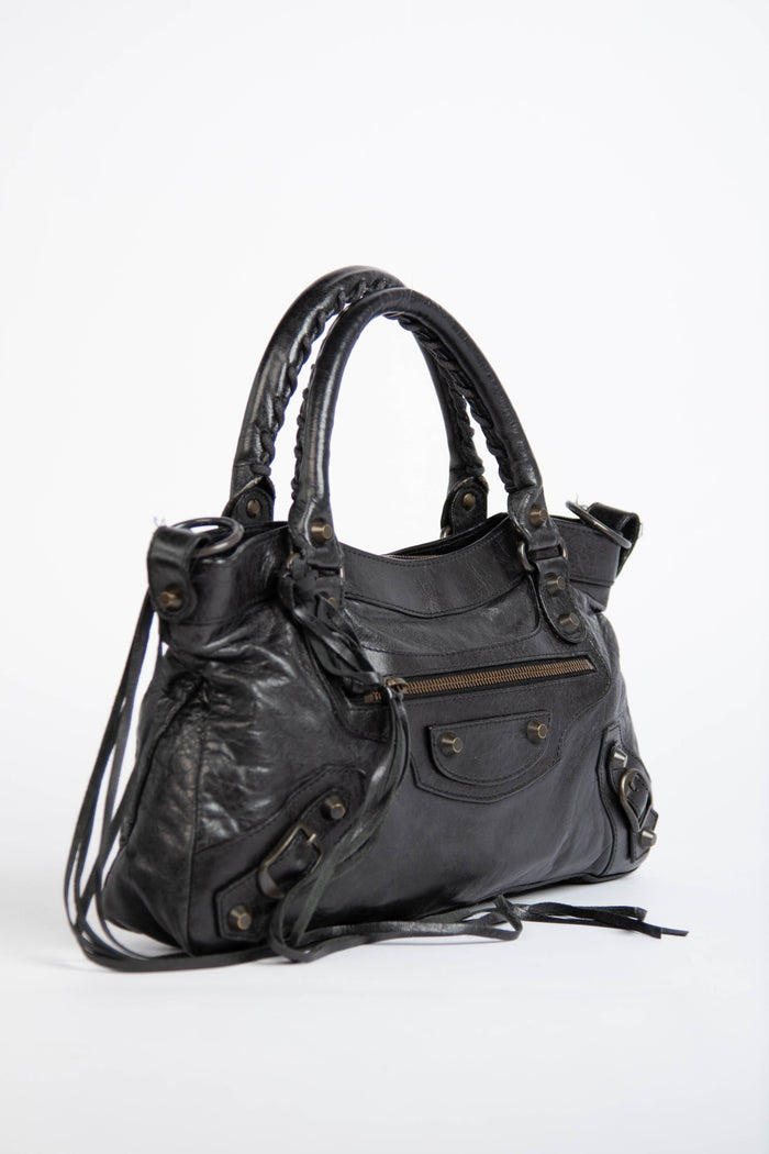 2000s Balenciaga Black Leather First City Shoulder Bag