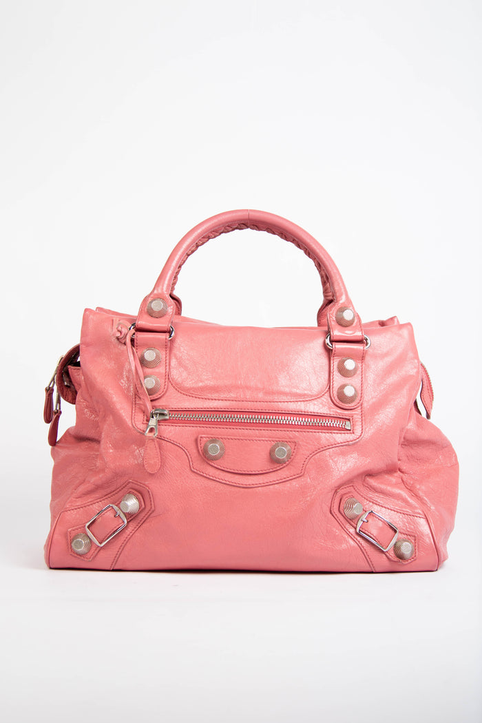 2000s Balenciaga Pink Leather Midday Bag with Giant Silver Hardware