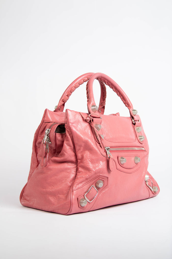 2000s Balenciaga Pink Leather Midday Bag with Giant Silver Hardware