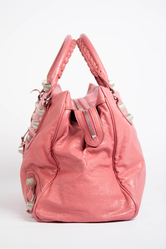 2000s Balenciaga Pink Leather Midday Bag with Giant Silver Hardware