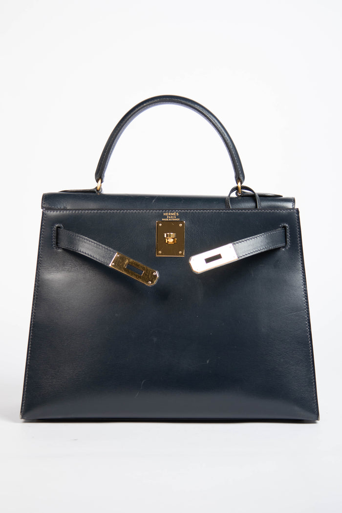 1989 Hermès Kelly 28cm in Sellier Navy Box Leather GHW