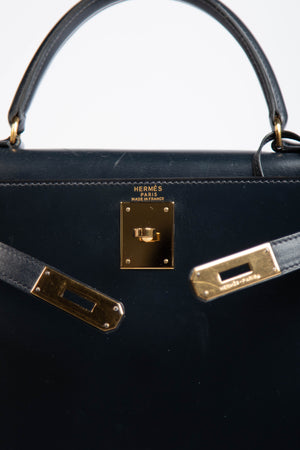 1989 Hermès Kelly 28cm in Sellier Navy Box Leather GHW