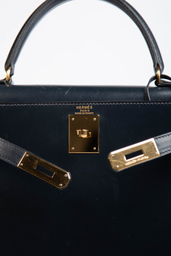 1989 Hermès Kelly 28cm in Sellier Navy Box Leather GHW