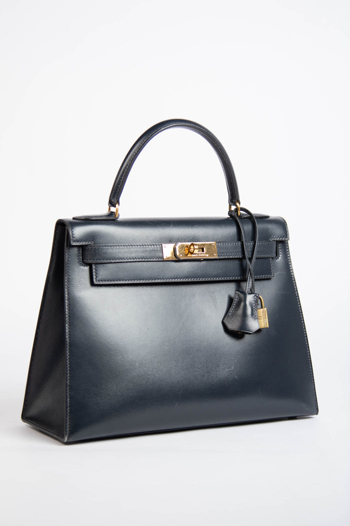 1989 Hermès Kelly 28cm in Sellier Navy Box Leather GHW