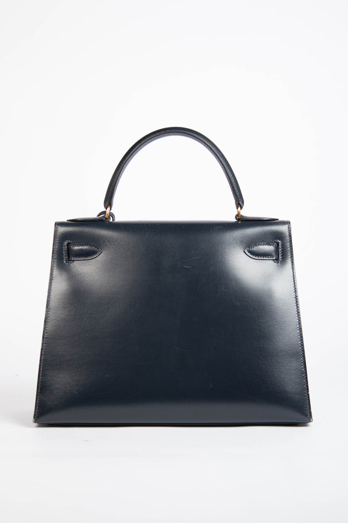 1989 Hermès Kelly 28cm in Sellier Navy Box Leather GHW