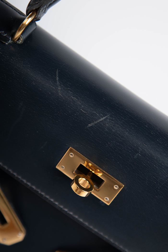 1989 Hermès Kelly 28cm in Sellier Navy Box Leather GHW