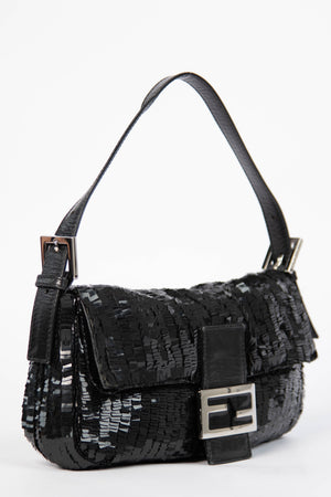 RARE Vintage Fendi Black Sequin Baguette Shoulder Bag