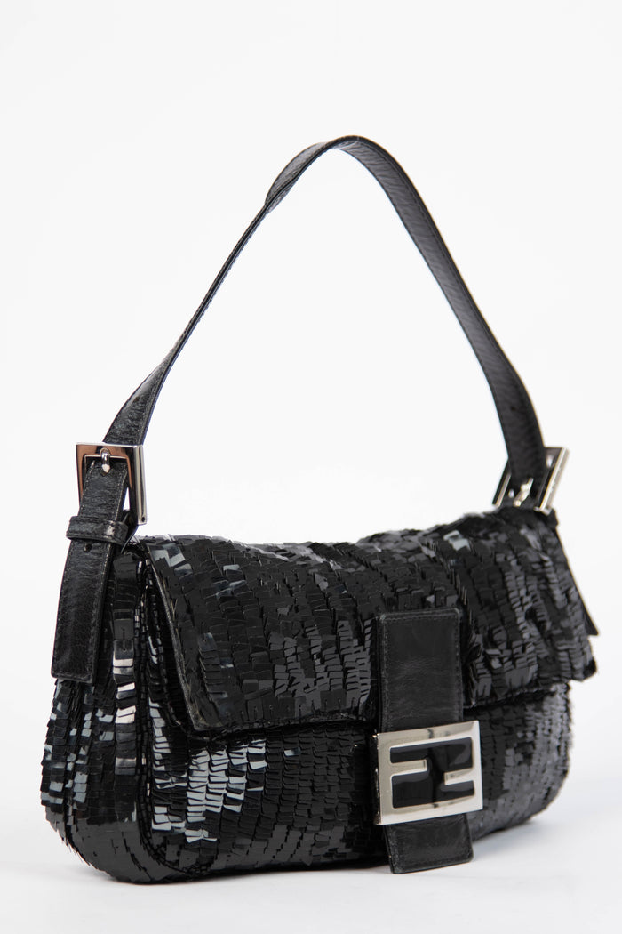 RARE Vintage Fendi Black Sequin Baguette Shoulder Bag