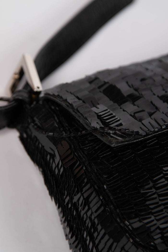 RARE Vintage Fendi Black Sequin Baguette Shoulder Bag