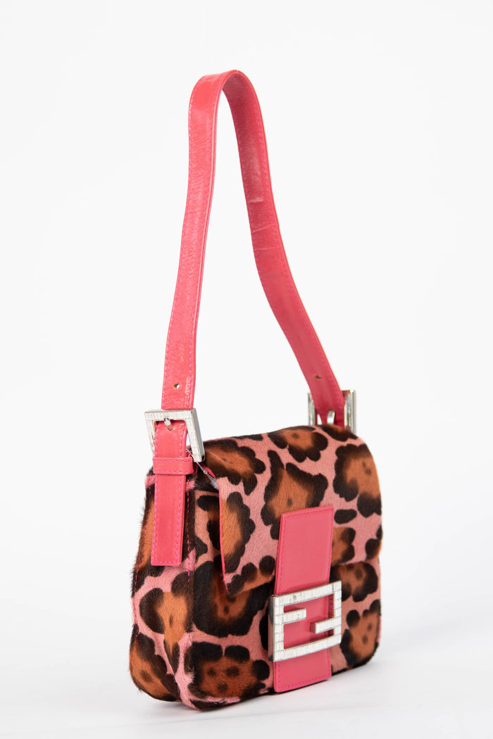 Vintage Fendi Pink Leopard Print Pony Hair Mini Mamma Shoulder Bag
