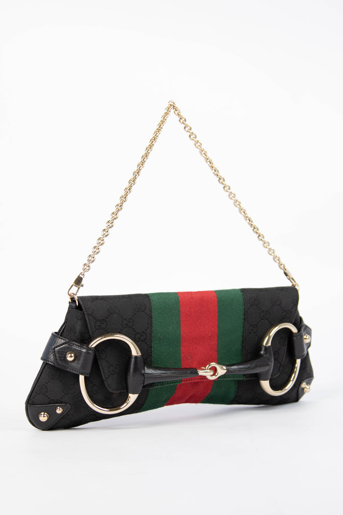 RARE Vintage Gucci GG Black Monogram Large Horsebit Shoulder Bag
