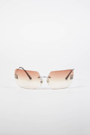 2000s Chanel Brown Gradient Diamanté Rectangular Sunglasses