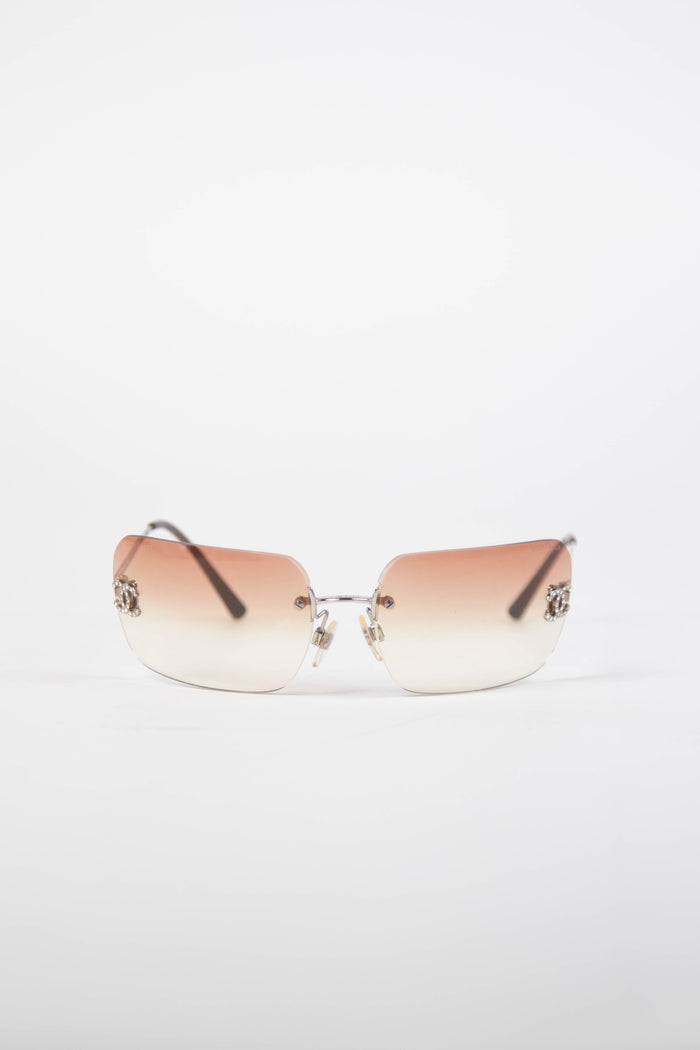2000s Chanel Brown Gradient Diamanté Rectangular Sunglasses
