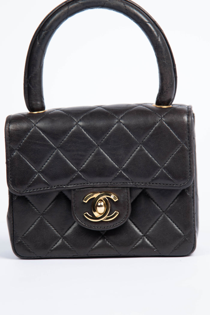 90s Chanel Black Lambskin Leather Mini Top Handle with 24k GHW