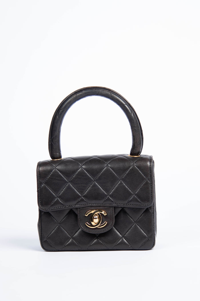 90s Chanel Black Lambskin Leather Mini Top Handle with 24k GHW