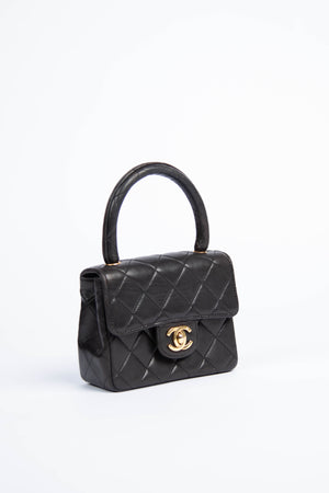 90s Chanel Black Lambskin Leather Mini Top Handle with 24k GHW