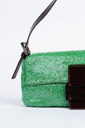 Vintage Fendi Green Beaded Sequin Baguette Shoulder Bag