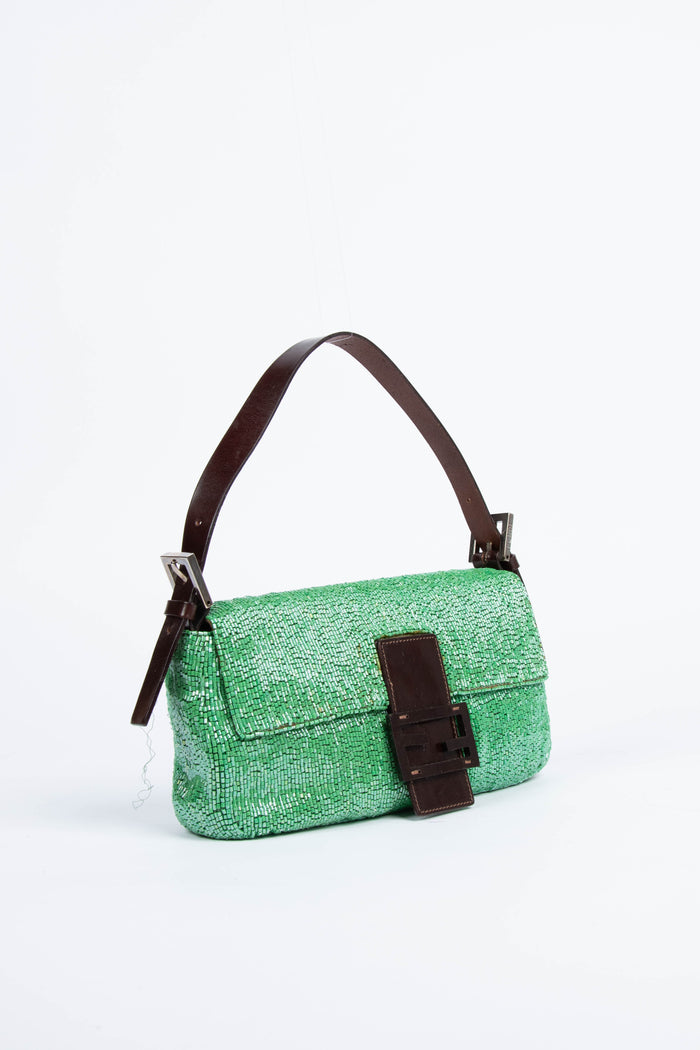 Vintage Fendi Green Beaded Sequin Baguette Shoulder Bag