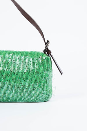 Vintage Fendi Green Beaded Sequin Baguette Shoulder Bag