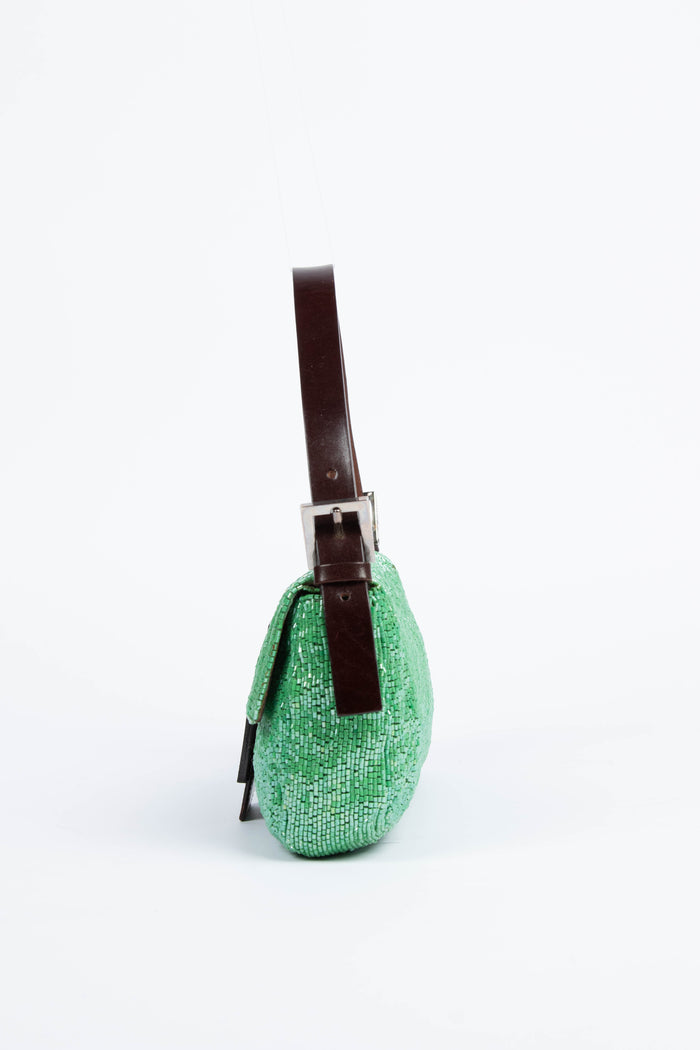 Vintage Fendi Green Beaded Sequin Baguette Shoulder Bag