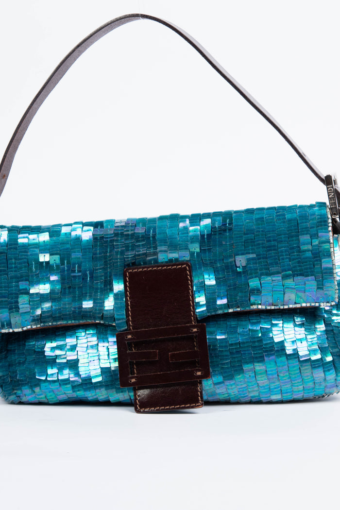 RARE Fendi Blue Sequin Baguette Shoulder Bag