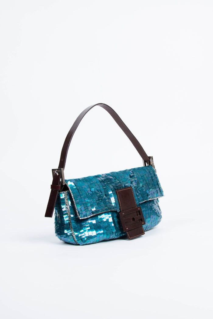 RARE Fendi Blue Sequin Baguette Shoulder Bag