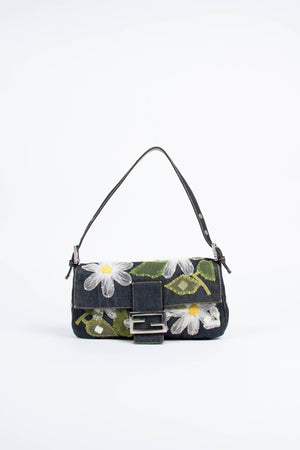 Vintage Fendi Denim Baguette with Mesh Flower Appliqué