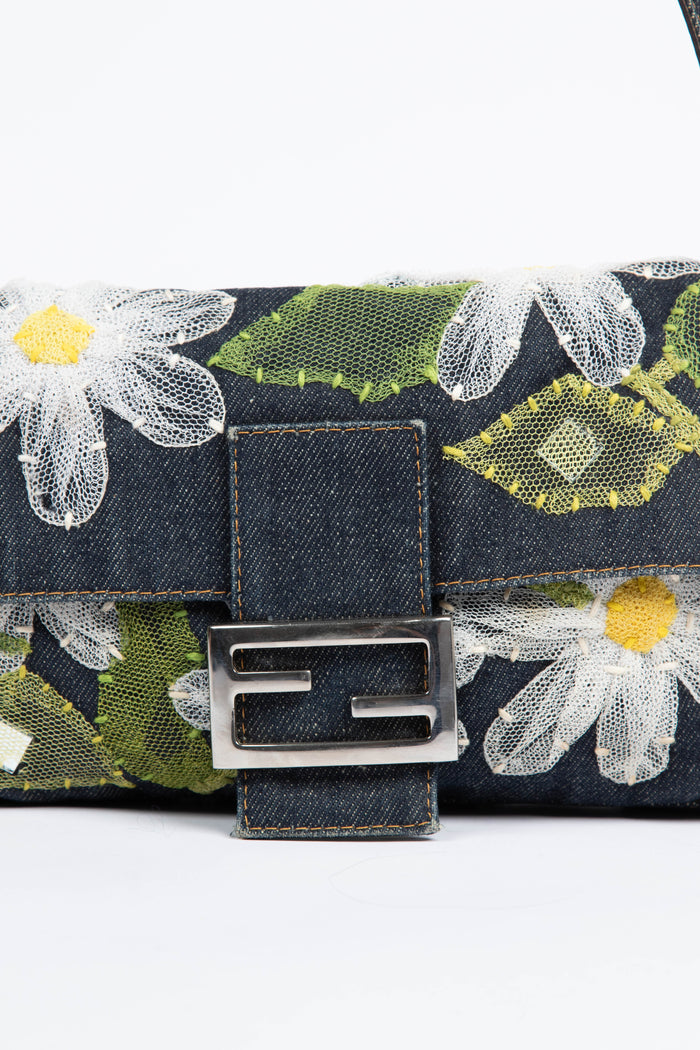 Vintage Fendi Denim Baguette with Mesh Flower Appliqué