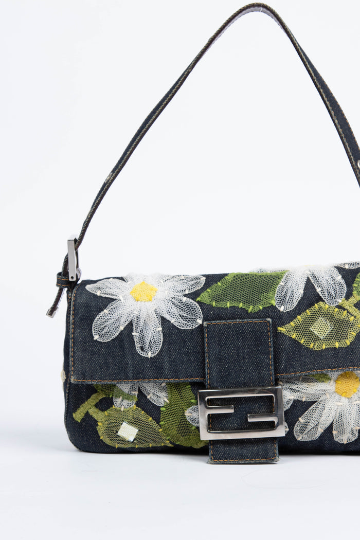 Vintage Fendi Denim Baguette with Mesh Flower Appliqué