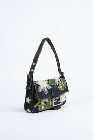 Vintage Fendi Denim Baguette with Mesh Flower Appliqué