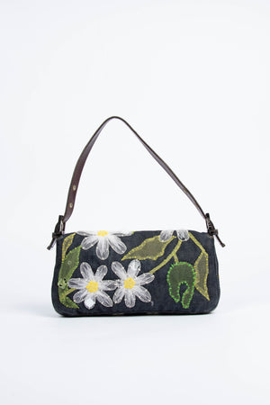 Vintage Fendi Denim Baguette with Mesh Flower Appliqué