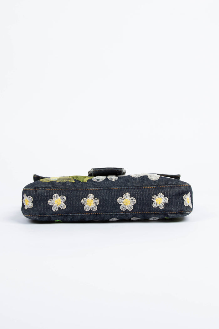 Vintage Fendi Denim Baguette with Mesh Flower Appliqué