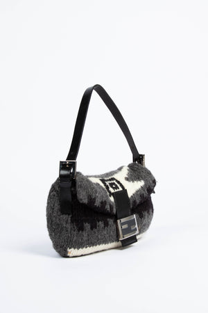 Vintage Fendi Grey Intarsia Knitted Baguette Shoulder Bag