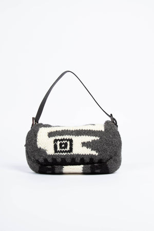 Vintage Fendi Grey Intarsia Knitted Baguette Shoulder Bag