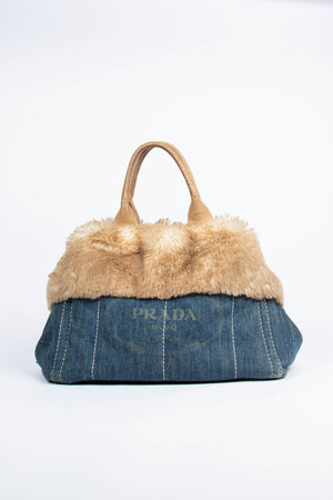 Vintage Prada Denim & Fur Canapa Tote Bag