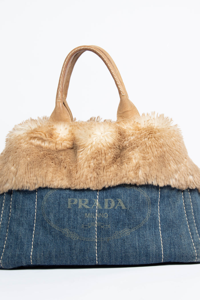 Vintage Prada Denim & Fur Canapa Tote Bag