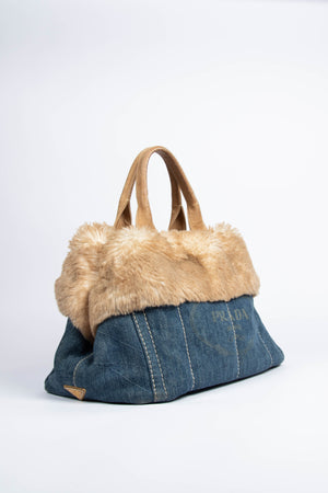 Vintage Prada Denim & Fur Canapa Tote Bag