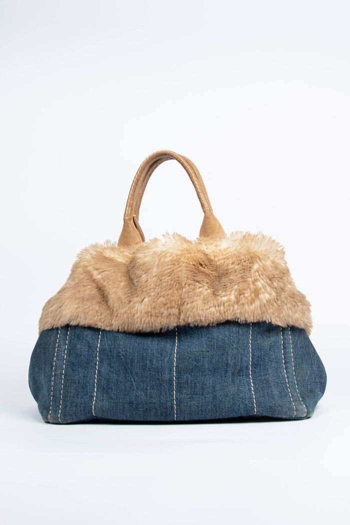 Vintage Prada Denim & Fur Canapa Tote Bag